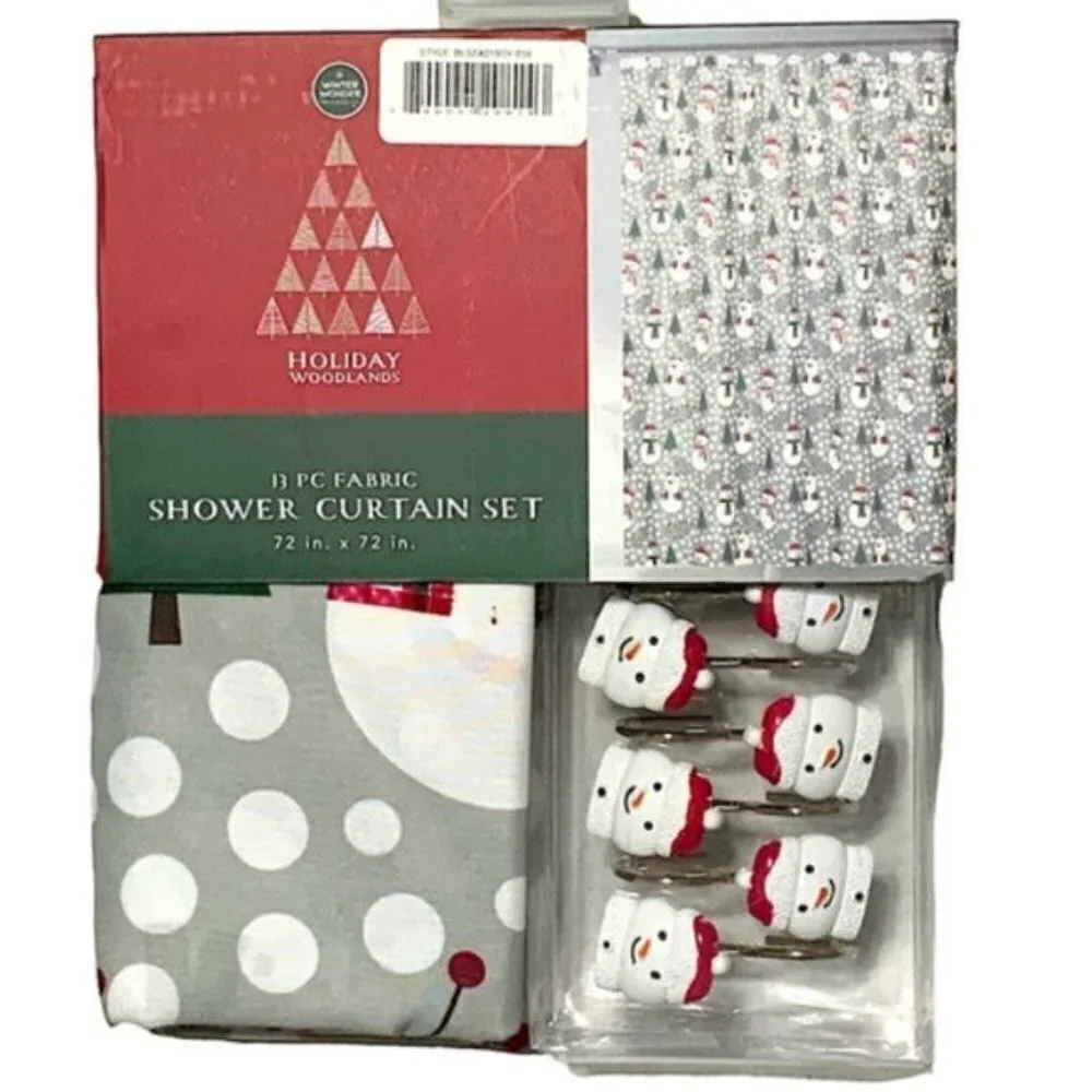 Christmas Bath Snowman Santa Fabric Shower Curtain 72 x 72 Hook Set Grey 13 PC